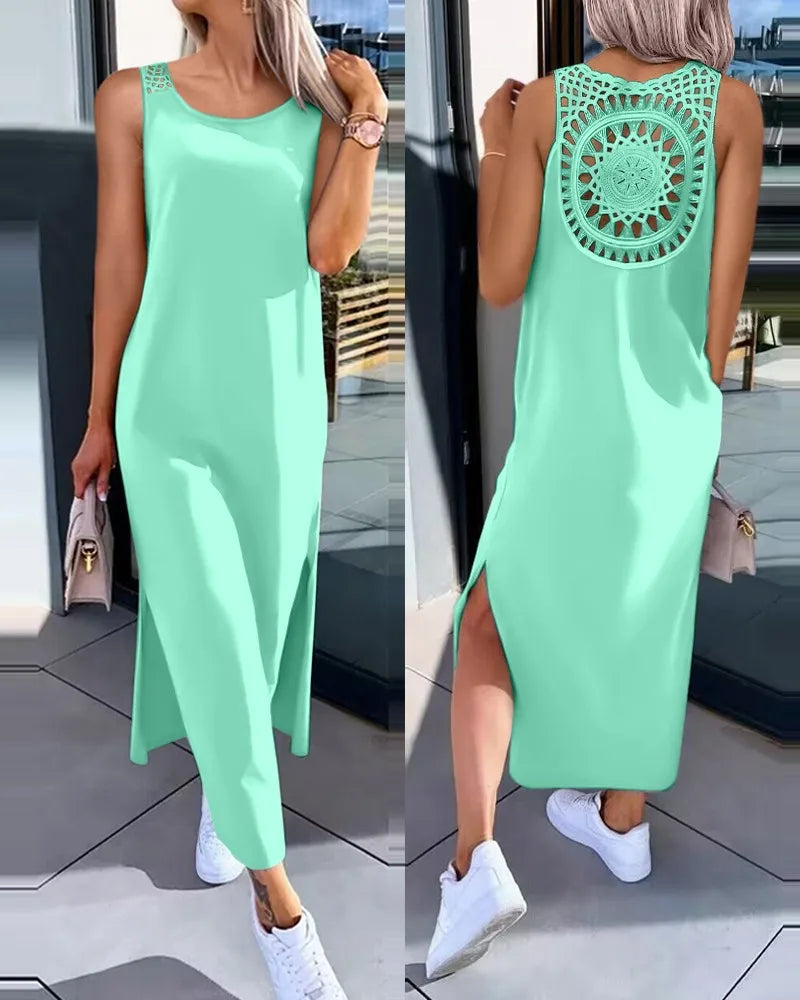 Hollow Out Solid Long Dress Women Fashion Sleeveless O-neck Maxi Dresses For Women 2024 Summer Women's Slim Split Vestidos Black