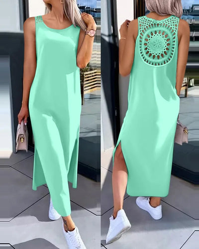 Hollow Out Solid Long Dress Women Fashion Sleeveless O-neck Maxi Dresses For Women 2024 Summer Women's Slim Split Vestidos Black