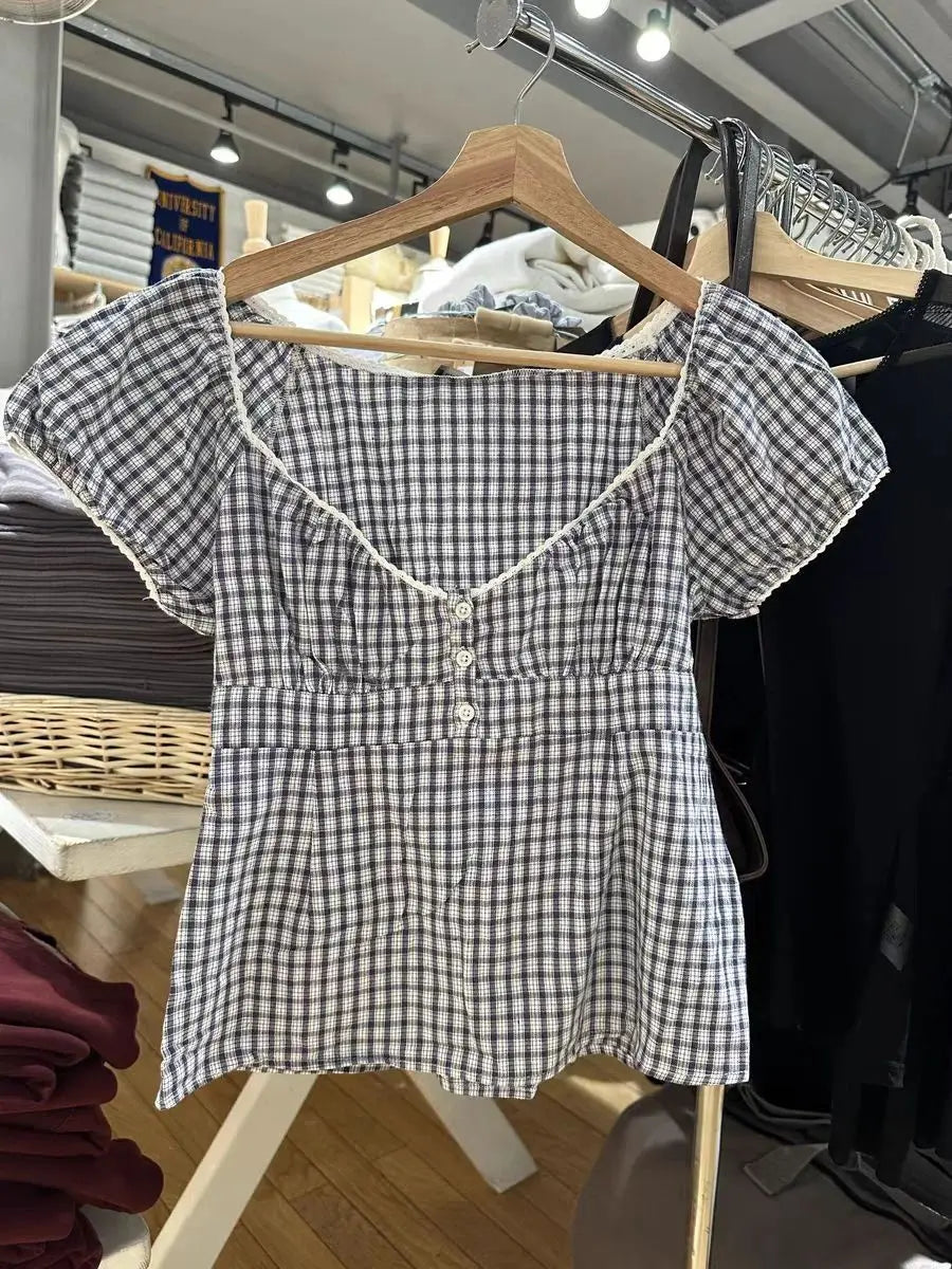 Lace Three-button Plaid Puff Sleeve Short Sleeve T-shirt Women's Summer Sweet Preppy Style Slim Shirt V-neck Short Tops Y2k