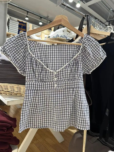 Lace Three-button Plaid Puff Sleeve Short Sleeve T-shirt Women's Summer Sweet Preppy Style Slim Shirt V-neck Short Tops Y2k
