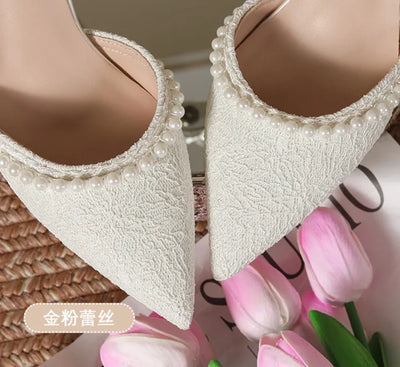 High Heeled Shoes Women's 2025 Summer with A Thin Heel and Pointed Toe A Straight Cut Lace Surface White Pearl Bridal Shoe Women