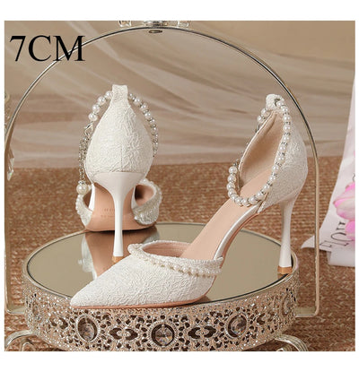 High Heeled Shoes Women's 2025 Summer with A Thin Heel and Pointed Toe A Straight Cut Lace Surface White Pearl Bridal Shoe Women