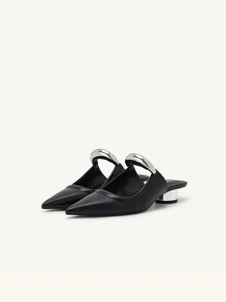 Punk Gothic Metal Buckle Low Heels Sandals Women 2025 New Pointed Toe Thick Heeled Summer Slippers Woman Platform Muller Shoes