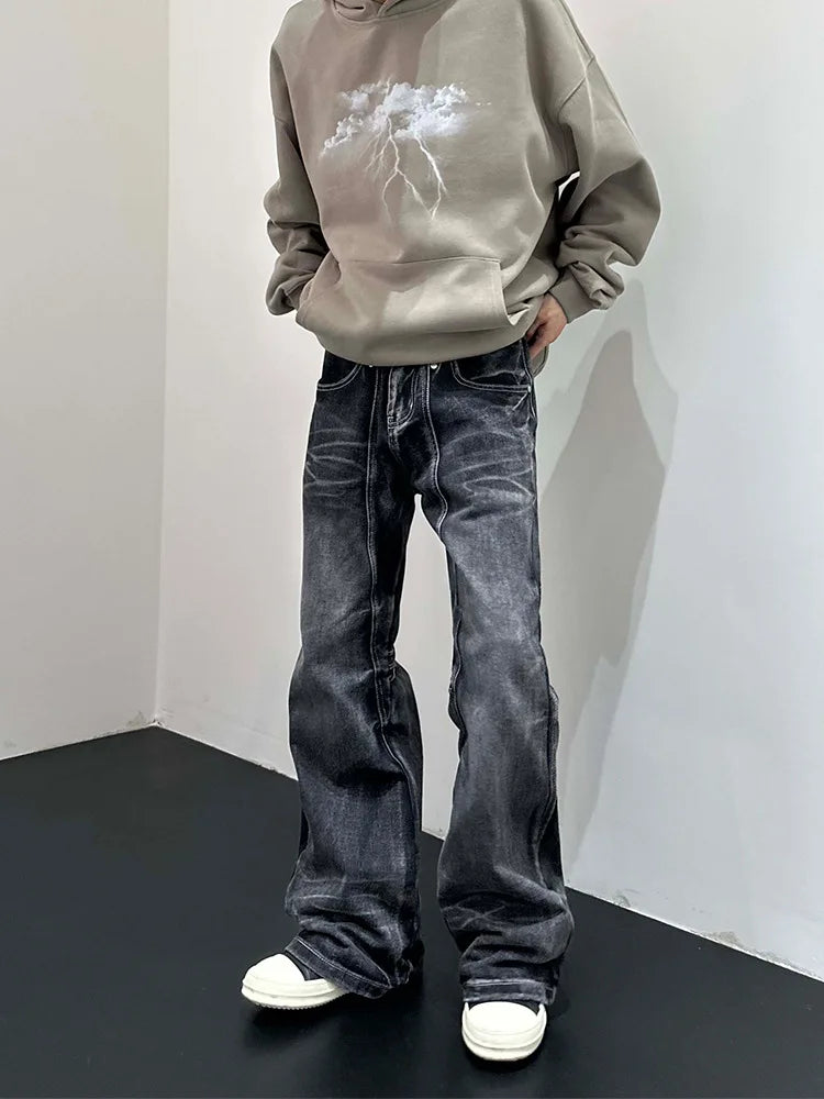 Men Flare Pants Denim Pant Floor Length Jeans Casual Regular Pockets Button Zipper High Waist Autumn Splice Straight Trousers
