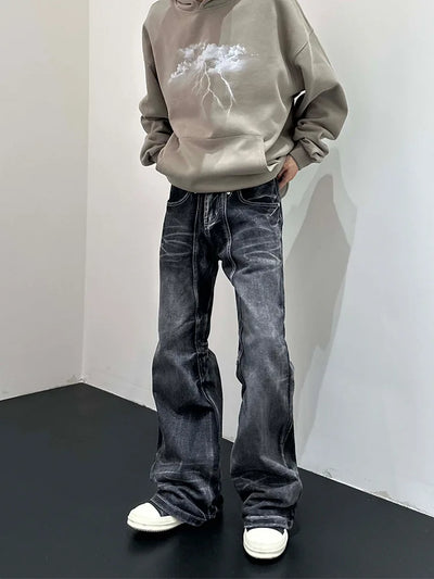 Men Flare Pants Denim Pant Floor Length Jeans Casual Regular Pockets Button Zipper High Waist Autumn Splice Straight Trousers