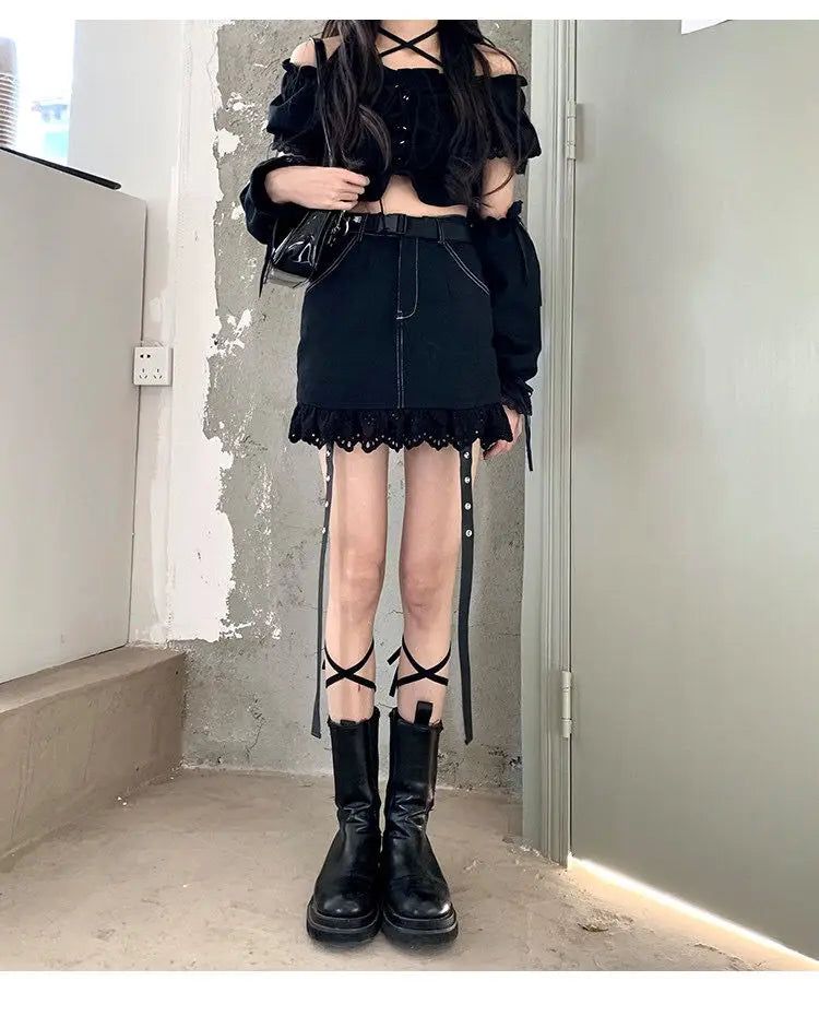 Women's Removable Sleeve T-shirt Drawstring Off Shoulder Crop Top Vintage Shirt Dark Style Harajuku Goth Tee Spring Y2k
