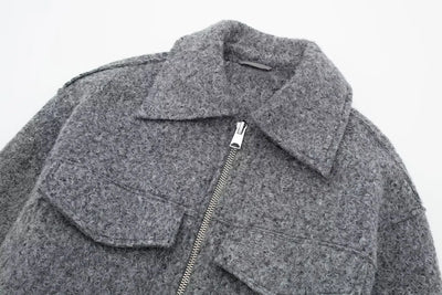 TRAFZA Women Vintage Casual Chic Solid Jackets Turn-down Collar Pockets Zipper Long Sleeve Coats Female Fashion 2024 Spring Coat