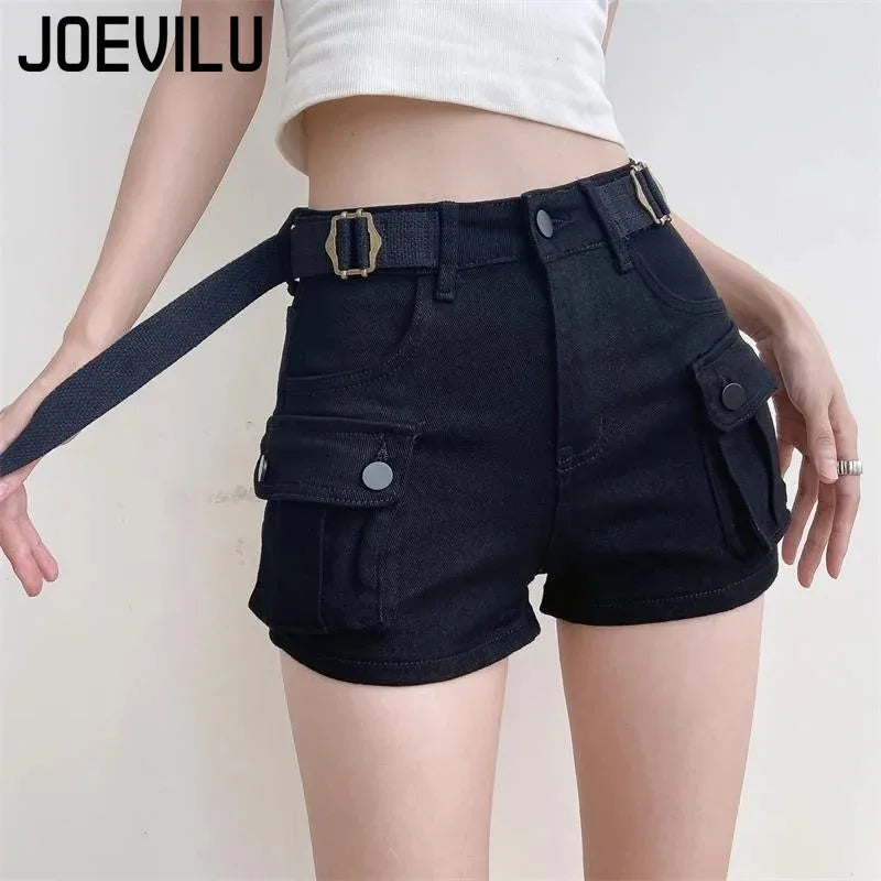 Women's Summer High Waisted Stretchy Denim Shorts Korean Cargo Style Slim Fit Ultra Short Hot Pants with Large Pockets for Dance