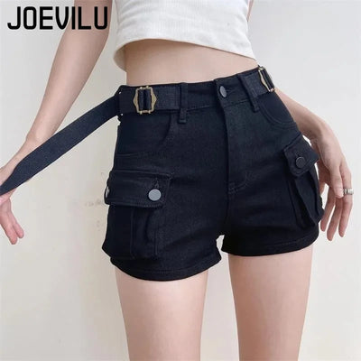 Women's Summer High Waisted Stretchy Denim Shorts Korean Cargo Style Slim Fit Ultra Short Hot Pants with Large Pockets for Dance