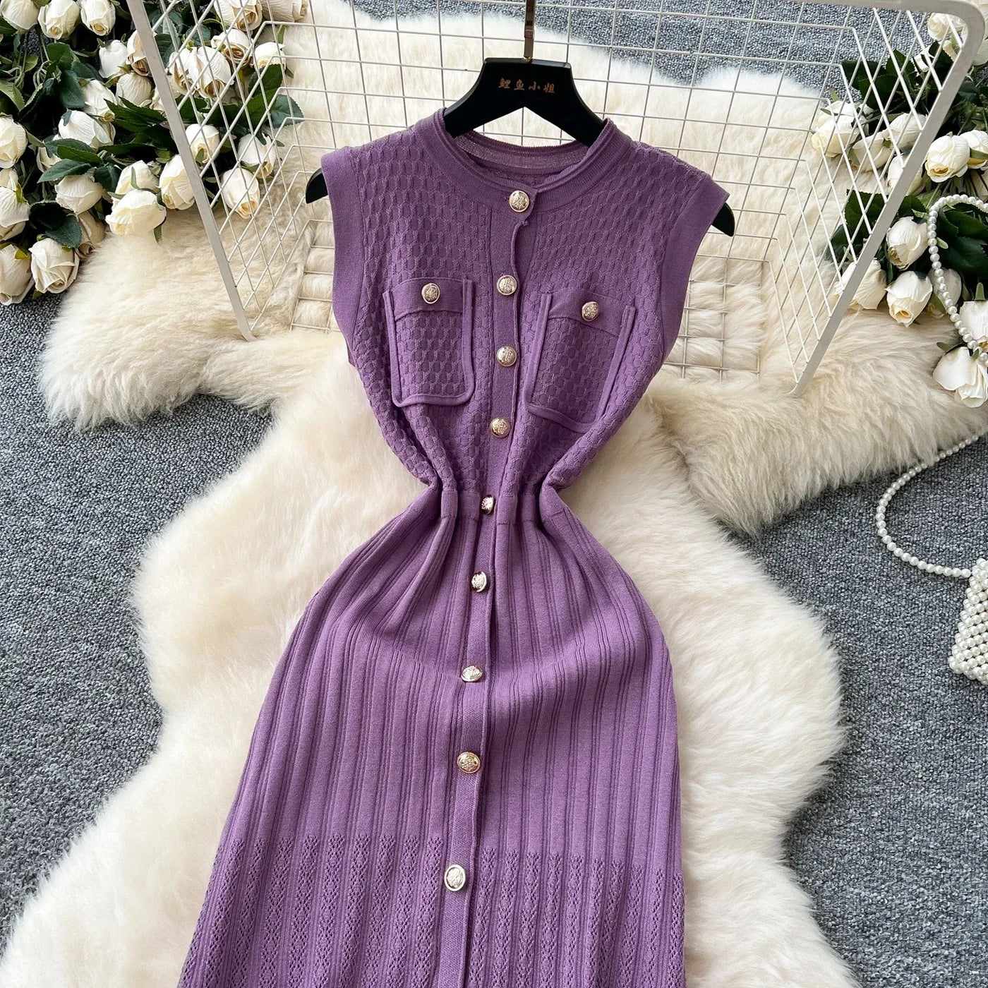 Women's Round Neck Sleeveless Dress Single-breasted Chic Elasticated Waist Slim Long Skirt   New High Quality Knitted Dress