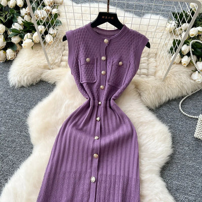 Women's Round Neck Sleeveless Dress Single-breasted Chic Elasticated Waist Slim Long Skirt   New High Quality Knitted Dress