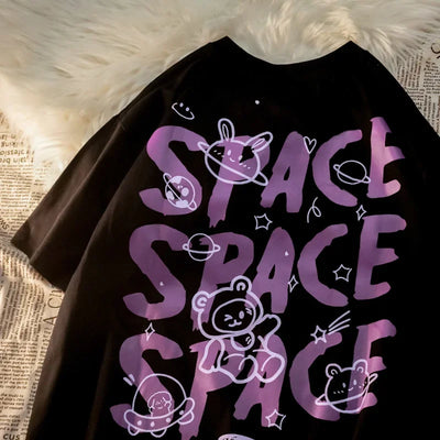 Women T-Shirt Print Bear Graffiti Short Sleeved Space Oversized T-shirt Loose Retro Harajuku Style Couple Shirt Tops Y2k
