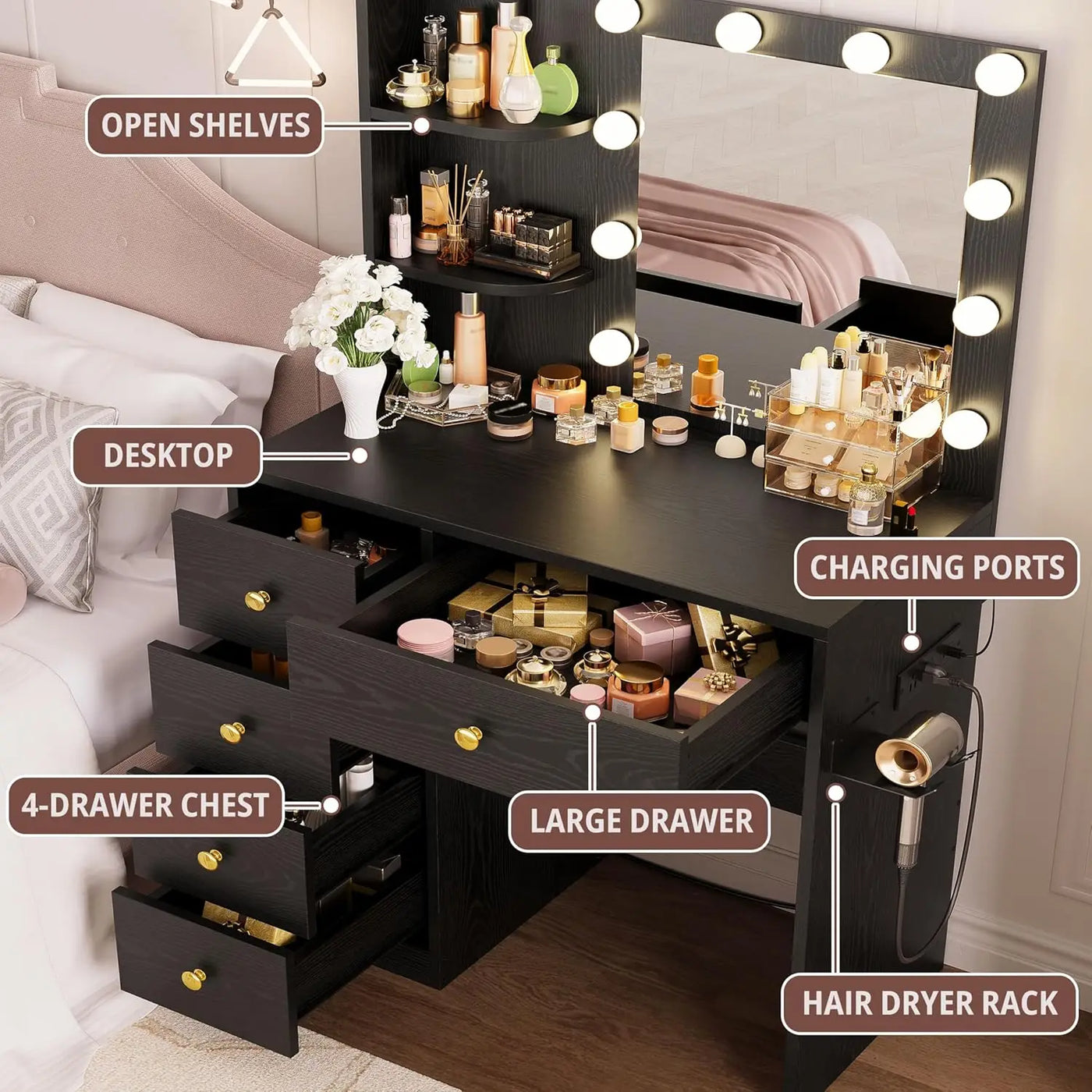 Vanity Desk with Mirror and Lights,Small Makeup Vanity Table with 5 Drawers, Dressing Table for Women Girls Bedroom