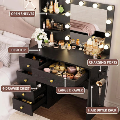 Vanity Desk with Mirror and Lights,Small Makeup Vanity Table with 5 Drawers, Dressing Table for Women Girls Bedroom
