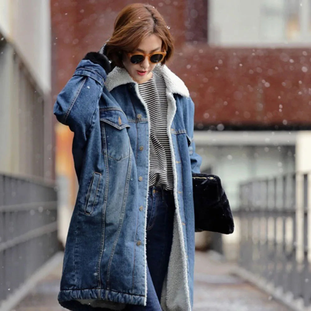 2024 Female jacket Women Warm Thick Winter Long Sleeve Denim Jacket Long Jean Coat Outerwear Women jacket Overcoat