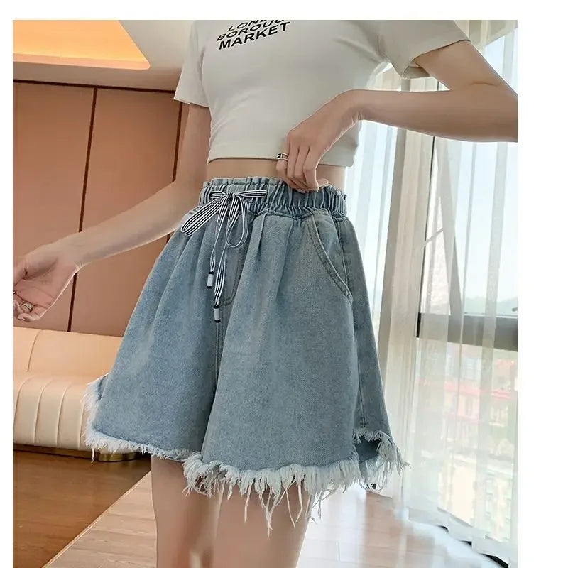 Korean Simplicity High Waist Wide Leg Denim Shorts Fashion Women's Clothing Summer Female All-match Loose Drawstring Shorts
