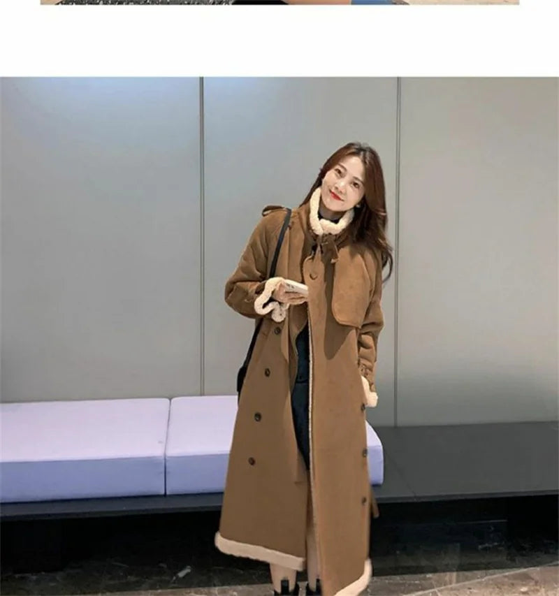 2024 Autumn Winter New Medium Long Double-breasted Lambswool Suede Woolen Coat Women Add Velvet Padded Warm Fur One Woolen Coats
