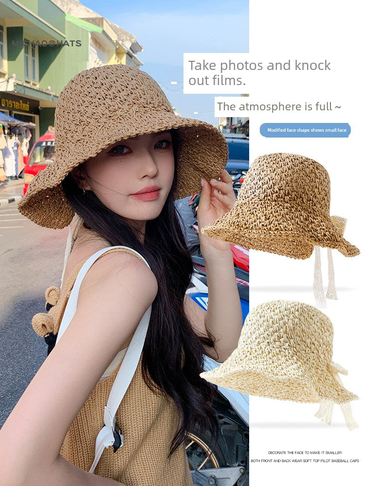Straw Hat Female Summer New French Woven Bows Sun-Proof Bucket Hat Fresh Beach Trip Vacation Sun Hat