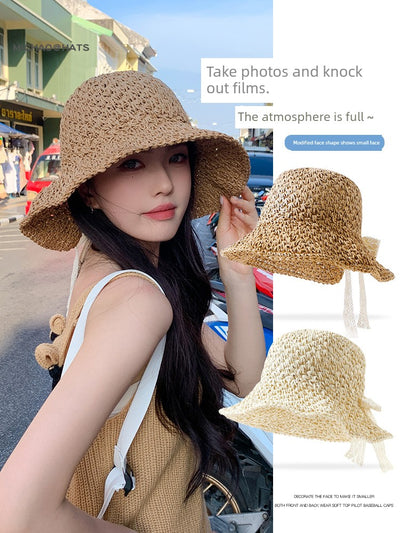 Straw Hat Female Summer New French Woven Bows Sun-Proof Bucket Hat Fresh Beach Trip Vacation Sun Hat