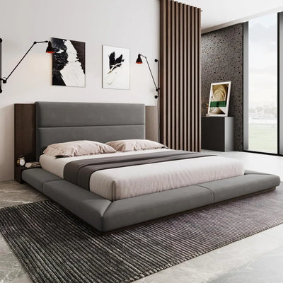 queen velvet upholstered bed frame with built-in side storage and extended wooden headboard