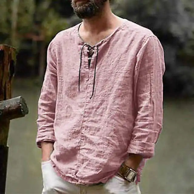 Cotton Linen Drawstring T Shirt Men's V Neck Blouse Solid Color Long Sleeves Casual Cool Tops Vikings Costume For Men M-6XL