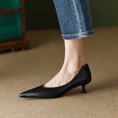plus size 34-42 women's genuine leather 4.5cm kitten heel pointed toe slip-on pumps elegant ladies low heeled shoes