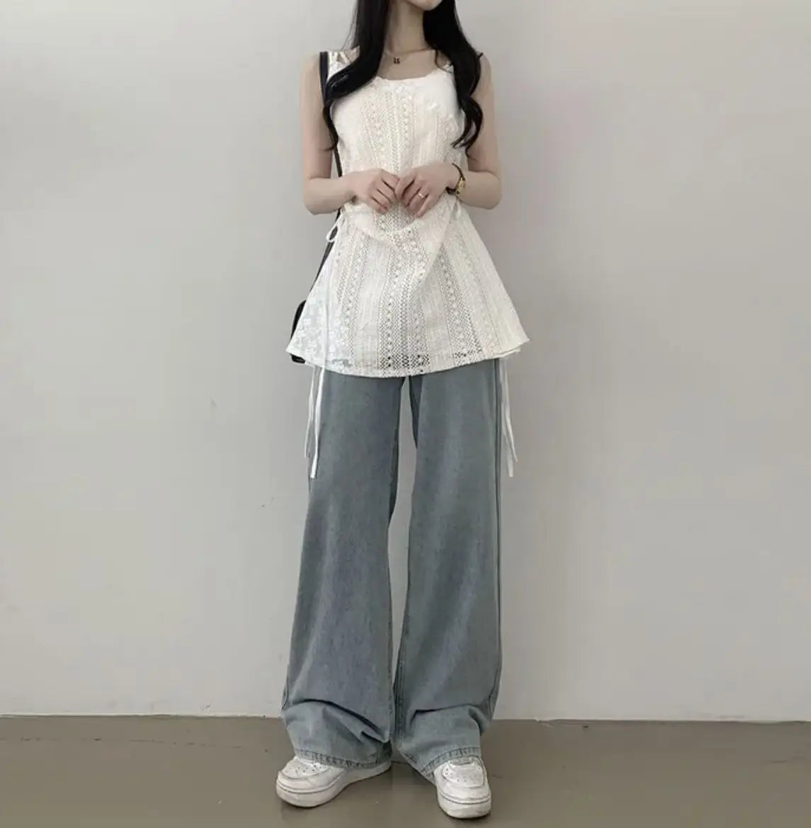 Hot Girl Korean Style Drawstring Lace-up Waist Lace Short Suspender Dresses + White Inner Wear Bottoming Sling Top Two-piece Set