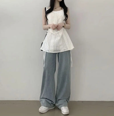 Hot Girl Korean Style Drawstring Lace-up Waist Lace Short Suspender Dresses + White Inner Wear Bottoming Sling Top Two-piece Set