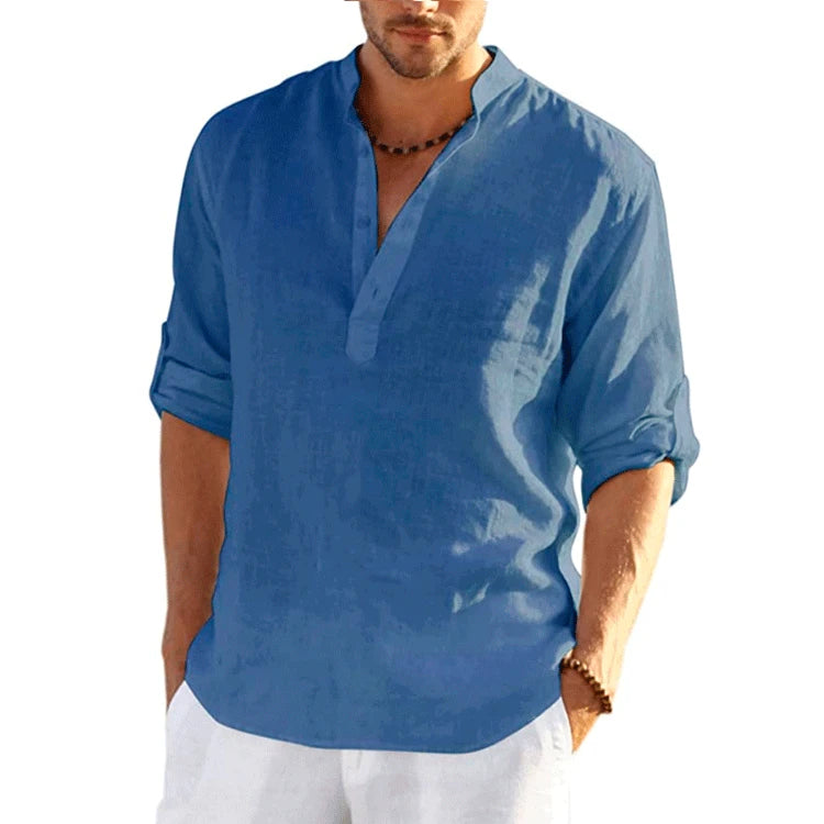 Men Cotton Linen T-shirts Summer V Collarless Long Sleeve Solid Sand Beachwear Office Man Tee Shirt Tops BSDFS-ZT167