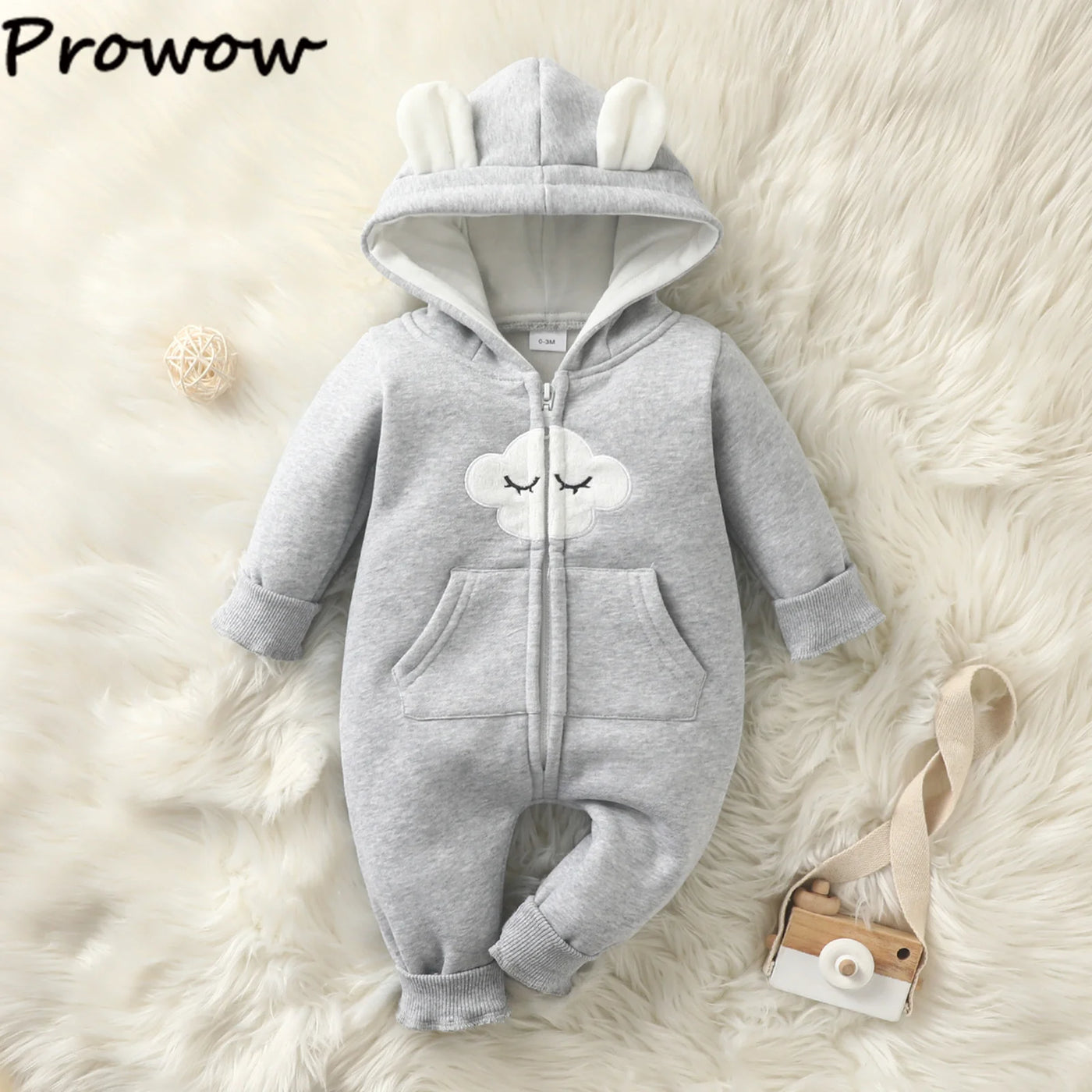 Prowow Cartoon Fox Baby Winter Clothes Romper Jumpsuit For Newborns Zipper Cute Ears Hooded Thicken Infant Overalls For Children