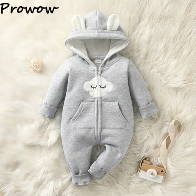 Prowow Cartoon Fox Baby Winter Clothes Romper Jumpsuit For Newborns Zipper Cute Ears Hooded Thicken Infant Overalls For Children