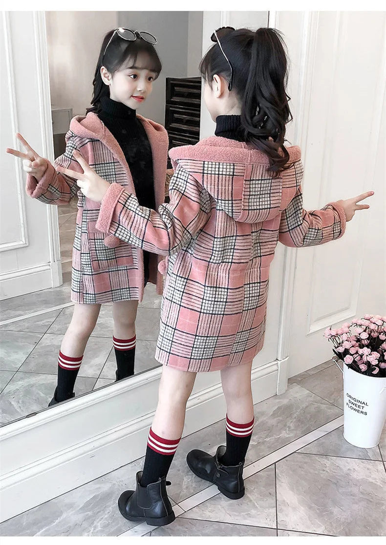 Autumn Winter Girls Hairy Coat Fashion Design Long Coat for Girls Kids Outerwear Grid Pattern Warm Winter Jacket Coats 4-12T