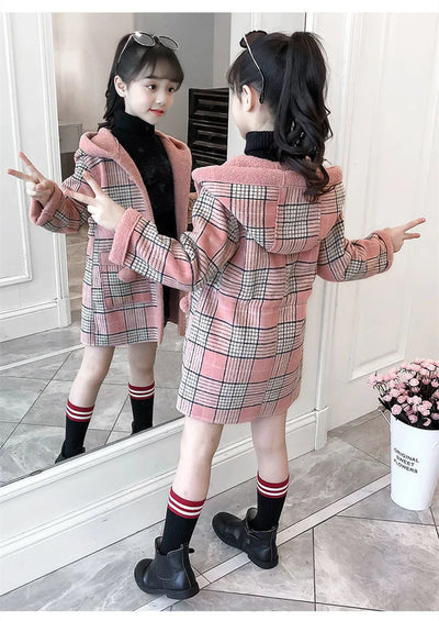 Autumn Winter Girls Hairy Coat Fashion Design Long Coat for Girls Kids Outerwear Grid Pattern Warm Winter Jacket Coats 4-12T