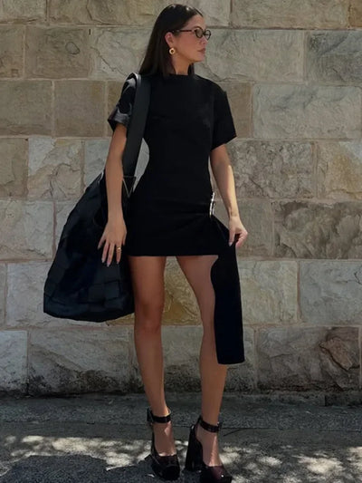 Chaxiaoa Short Sleeve Draped Sexy Mini Dress for Women Black Metal Buckle O Neck High Waist Bodycon Club Dress Vestido Clothes