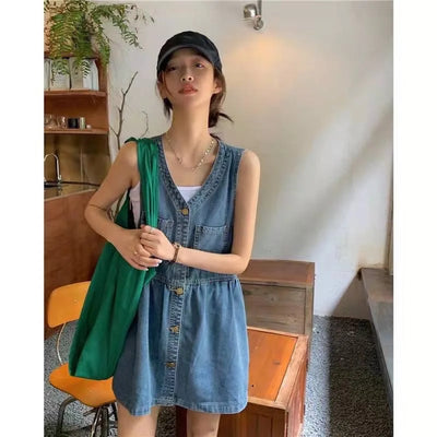 Women's sleeveless halter dress  Summer Single Breasted Pocket Denim Dress  Women's Korean loose A-line mini dresses