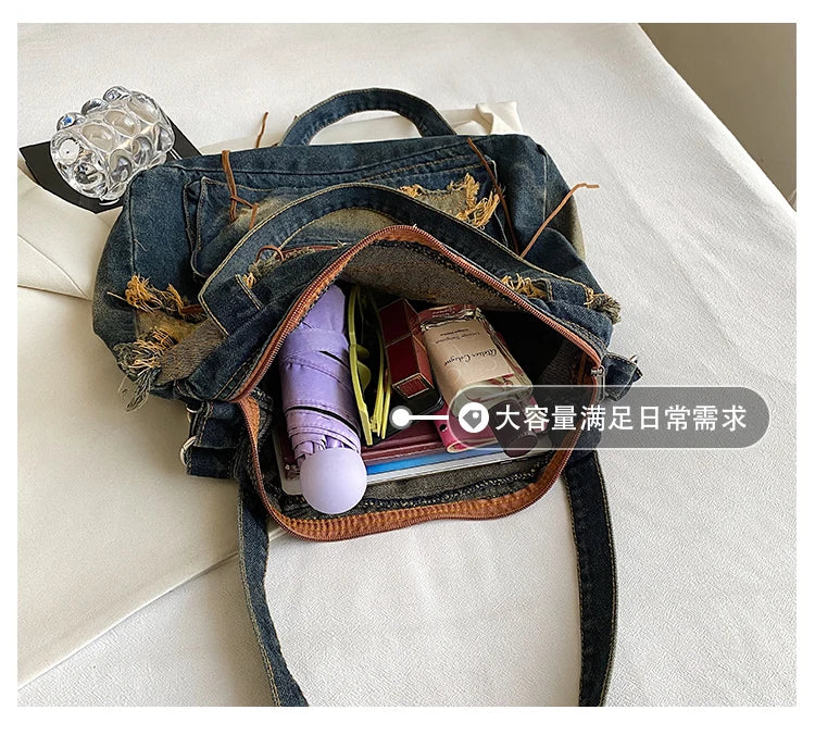 Denim Y2k Womens Shoulder Bag Vintage Washed Distressed Fashion female Messenger Bag Large Capacity ladies Handbag Sac totes