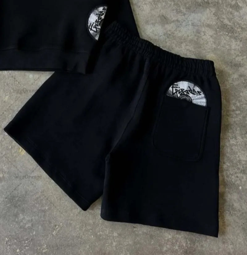 American High Street Fashion Long Sleeve Shorts Suit Men Y2k Tide Goth Punk Rock Casual Oversized T-shirt Wide Leg Pants Women
