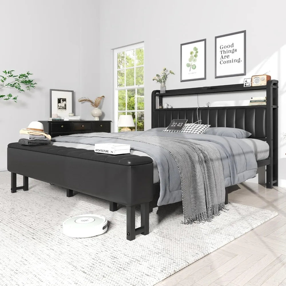 King Size Bed Frame with Star Projector & Charging Station, Metal Upholstered Bed frame with Headboard, Heavy Duty Beds