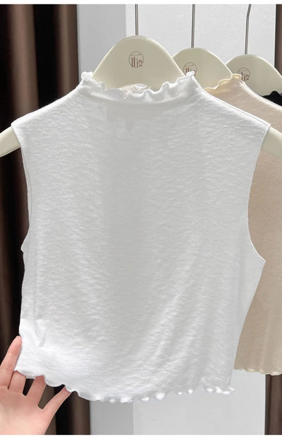 2025 Ruffled Knitted Top Women Y2K Tank Top Half Neck Vest Female Sleeveless Sweater Chic Soft Streetwear Solid Skinny Tube Top