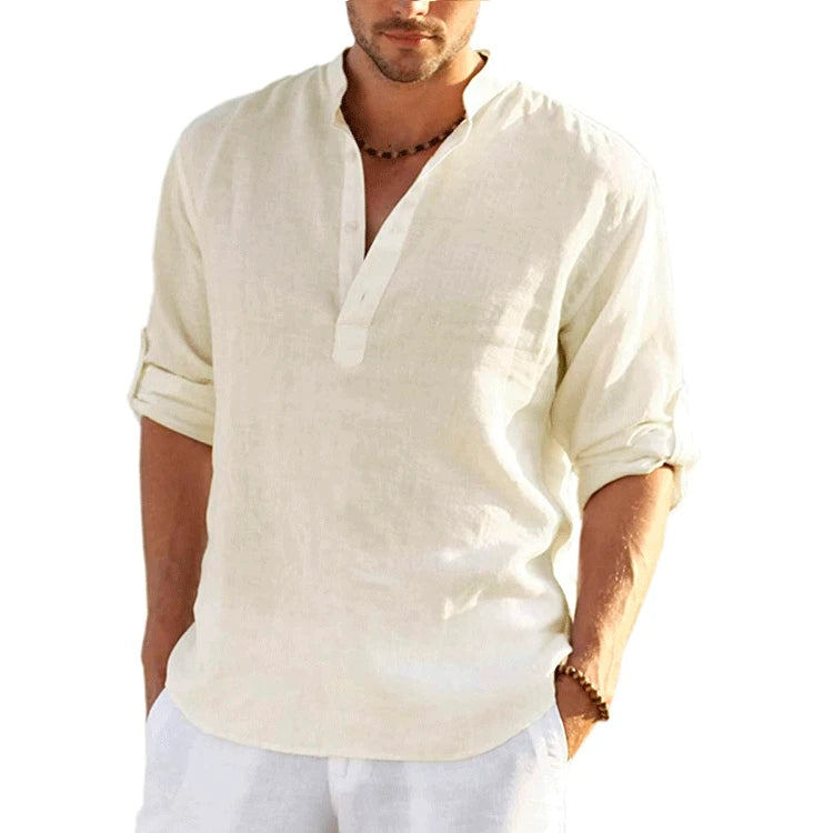 Men Cotton Linen T-shirts Summer V Collarless Long Sleeve Solid Sand Beachwear Office Man Tee Shirt Tops BSDFS-ZT167