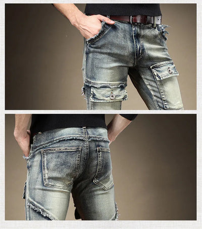 2024 Men's Jeans Stretch Vintage Washing Drak Blue Denim Pants Autumn Summer Luxury Street  Hip-Hop Style Slim Fit Men Trousers