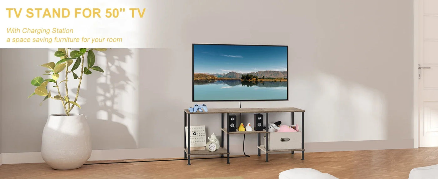 Farmhouse 50" TV Stand with Built-in Outlets & 3-Tier Storage - Multi-Room Media Console for 50/43/40/32" TVs, Rustic Grey