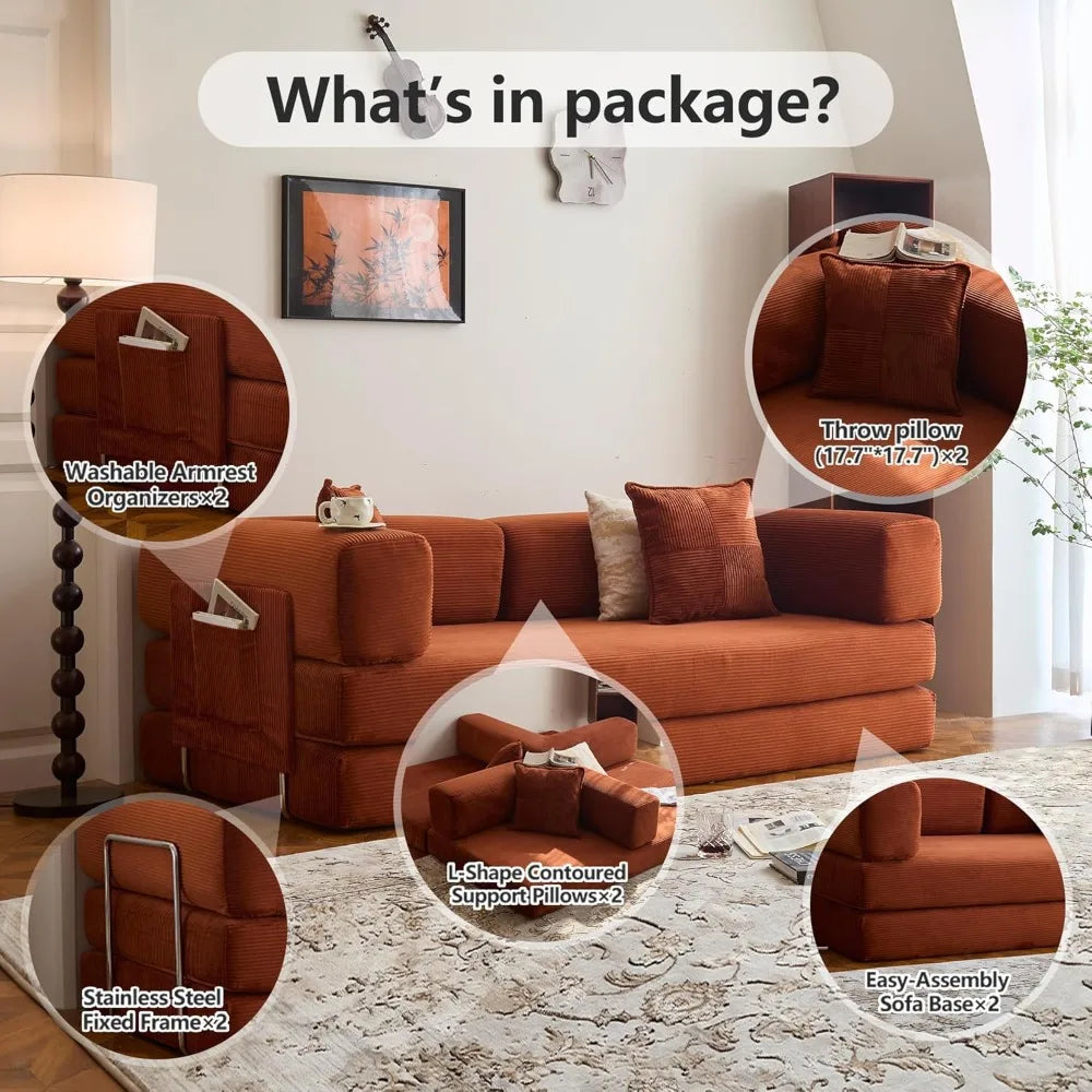 78.8" Convertible Compression Sofa: Corduroy Modular Bed, Arms & Backrest