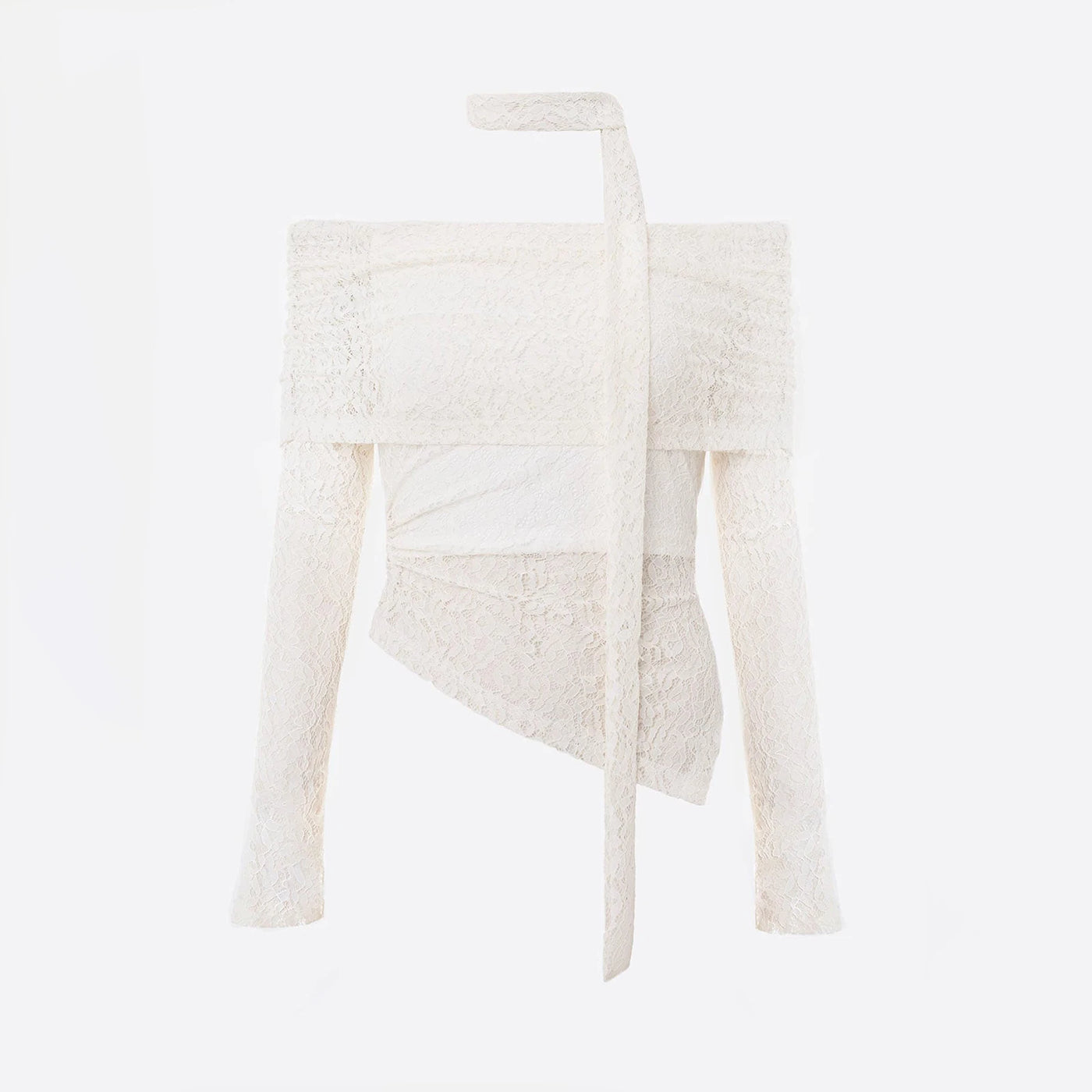 Women’s See-Through Fitted Long Sleeve Shirt Off Shoulder Lace Tops Long Sleeve Solid Color Ruched T-Shirt Blouse with Scarf