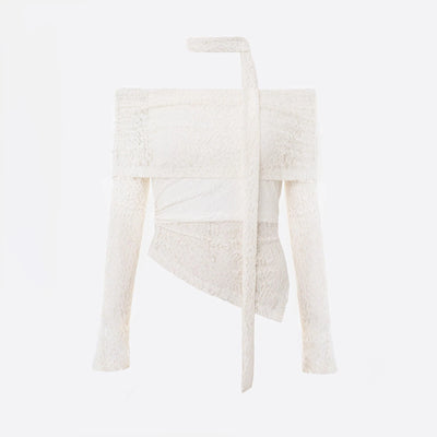 Women’s See-Through Fitted Long Sleeve Shirt Off Shoulder Lace Tops Long Sleeve Solid Color Ruched T-Shirt Blouse with Scarf