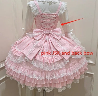 Original Lolita Dress Set Doll Feeling Girl Women's Sweet Jsk Suspender Dress Princess Fairy Lace Bow Sling Cake Dresses