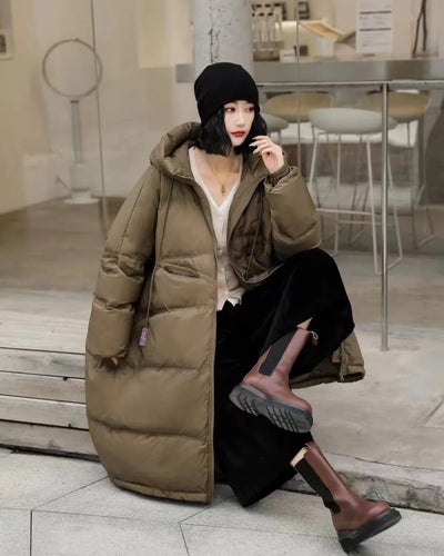 Winter Hooded Drawstring Loose Puffer Jacket Women Solid Oversize Casual Silhouette Long White Duck Down Warm Coat 2024 New Coat