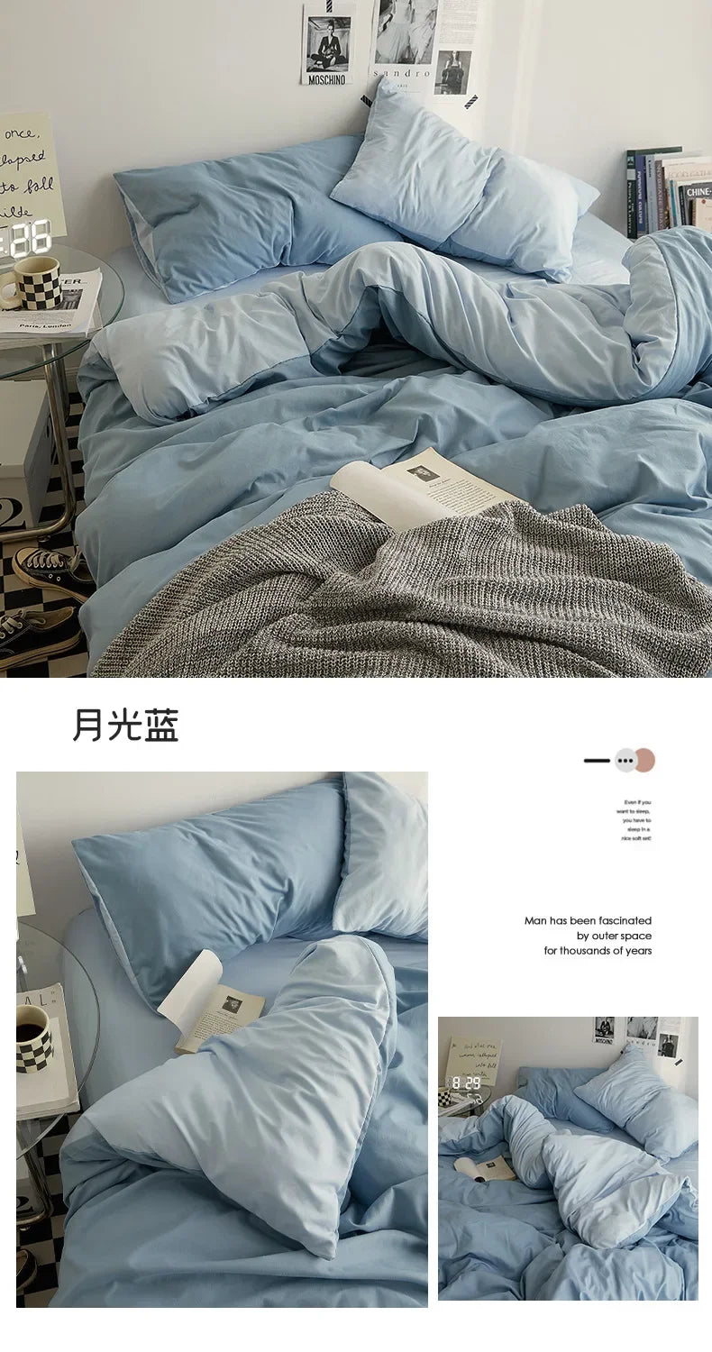High Quality  Solid Color Double Washed Cotton Bedding 4 Pieces Set Student Dormitory Bed Linen Duvet Set Bed Suit