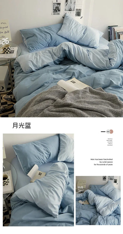 High Quality  Solid Color Double Washed Cotton Bedding 4 Pieces Set Student Dormitory Bed Linen Duvet Set Bed Suit