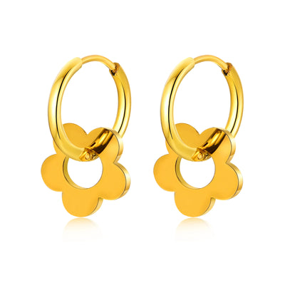 Gold Color Flower Earrings, Stainless Steel Huggie Hoop Earrings, Hypoallergenic Retro Style Bohe Ear Jewelry